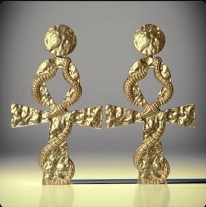Oversized 18k Matte Gold Plated Hammered Ankh Coiled Snake Earrings